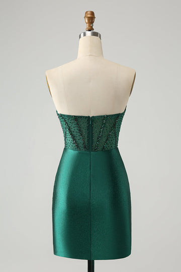 Vestido de cóctel corto con corsé sin tirantes ajustado verde oscuro